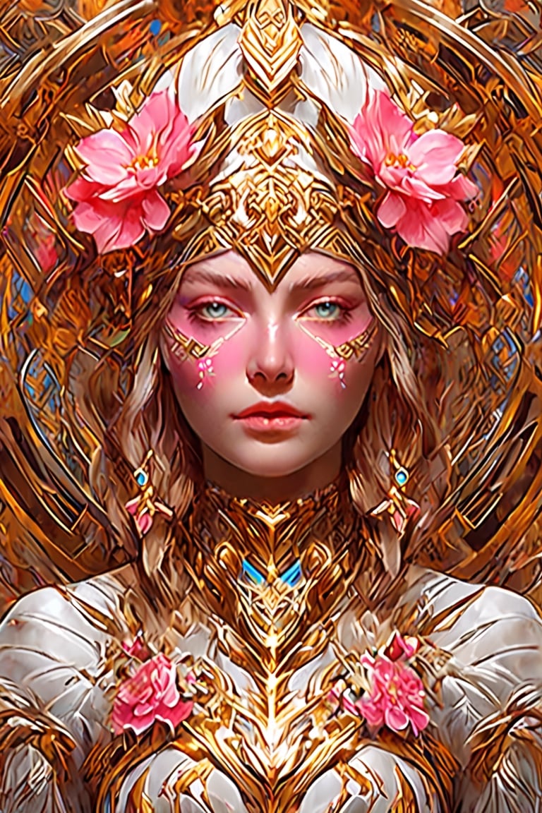 snthwve style nvinkpunk (symmetry:1.1) (portrait of floral:1.05) a woman as a beautiful goddess, (assassins creed style:0.8), pink and gold and opal color scheme, beautiful intricate filegrid facepaint, intricate, elegant, highly detailed, digital painting, artstation, concept art, smooth, sharp focus, illustration, art by greg rutkowski and alphonse mucha, 8k