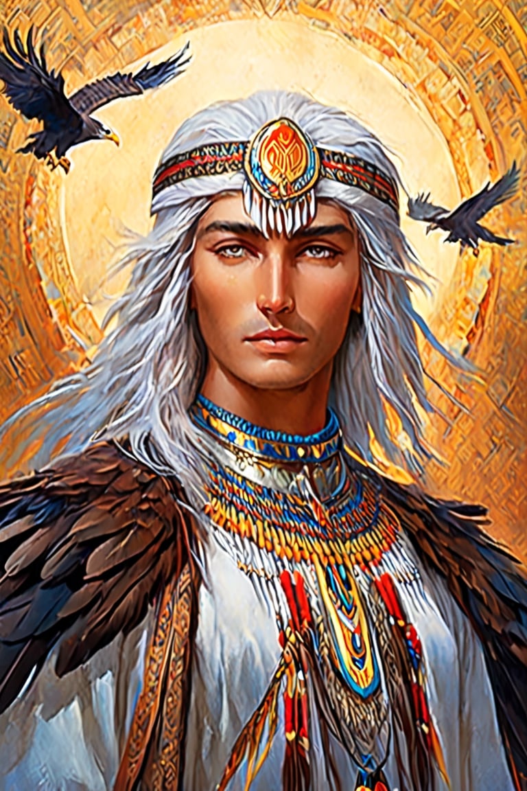 A majestic view of Manwë, the Ainur, and a group of soaring eagles
(best quality, highres:1.2), detailed depiction of Manwë's face and clothing, magnificent eagle feathers, vibrant colors, ethereal lighting