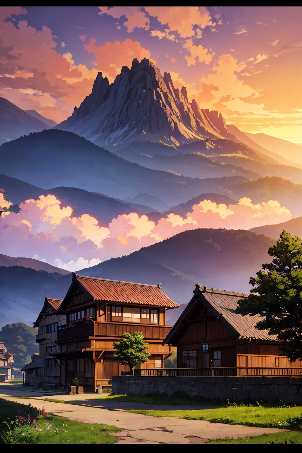 DVD screengrab from studio ghibli movie, beautiful countryside houses with mountains in the background with a pathway leading to, sunset in sky, designed by Hayao Miyazaki, retro anime, poster, digital_painting,EpicSky,6000,cloud,greg rutkowski,isometric style,FFIXBG,genshin impact