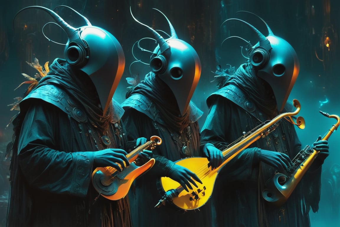 A band of futuristic entities playing ancient instruments, symbolizing a timeless connection between past and future. vibrant colors. vibrant colors, MASTERPIECE by Aaron Horkey and Jeremy Mann, masterpiece, best quality, Photorealistic, ultra-high resolution, photographic light, illustration by MSchiffer, fairytale, Hyper detailed