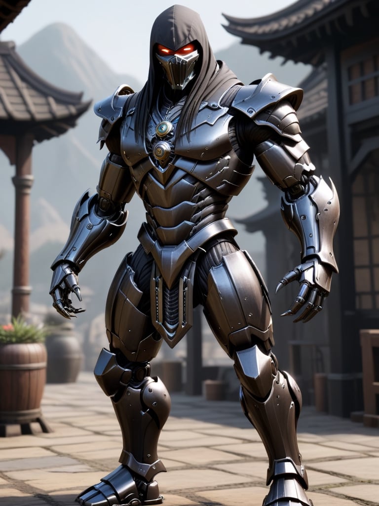 robot, mech, warrior mech robot mix with Noob Saibot mortal kombat, mechinal details, mech details, robot, mortal kombat chracter, intricate details, hd deetails, high quality, full body view, sharp details, sharp focus, 128k