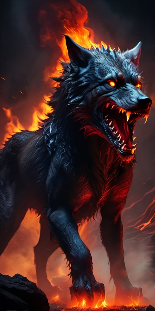 Create a lava wolf growling, from its mouth dripping lava , fire from eyes, enemy of humanity, screeching, up close, dark night, sharp focus, highly detailed,