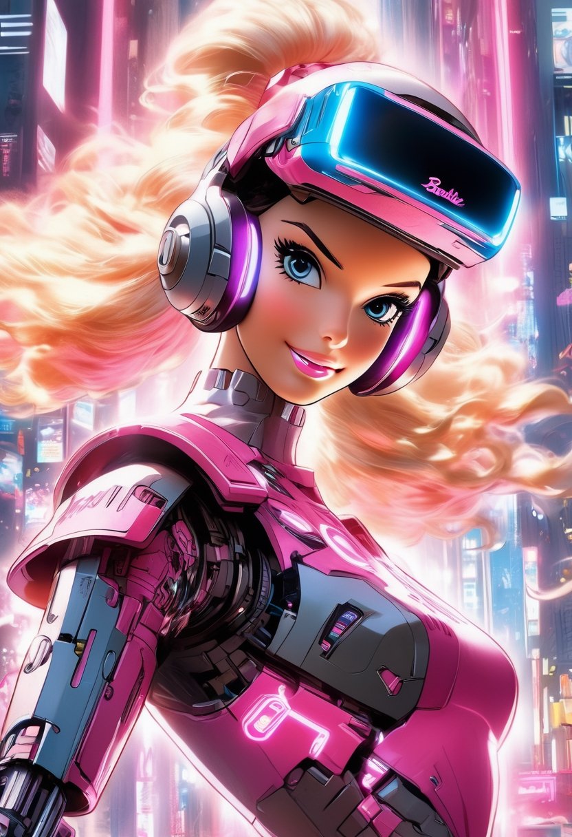 Anime artwork. Barbie doll wearing VR helmet and pink cyberpunk armor, shooting laser gun, art by Makoto Shinkai, art by J.C. Leyendecker, anime style, key visual, vibrant, studio anime