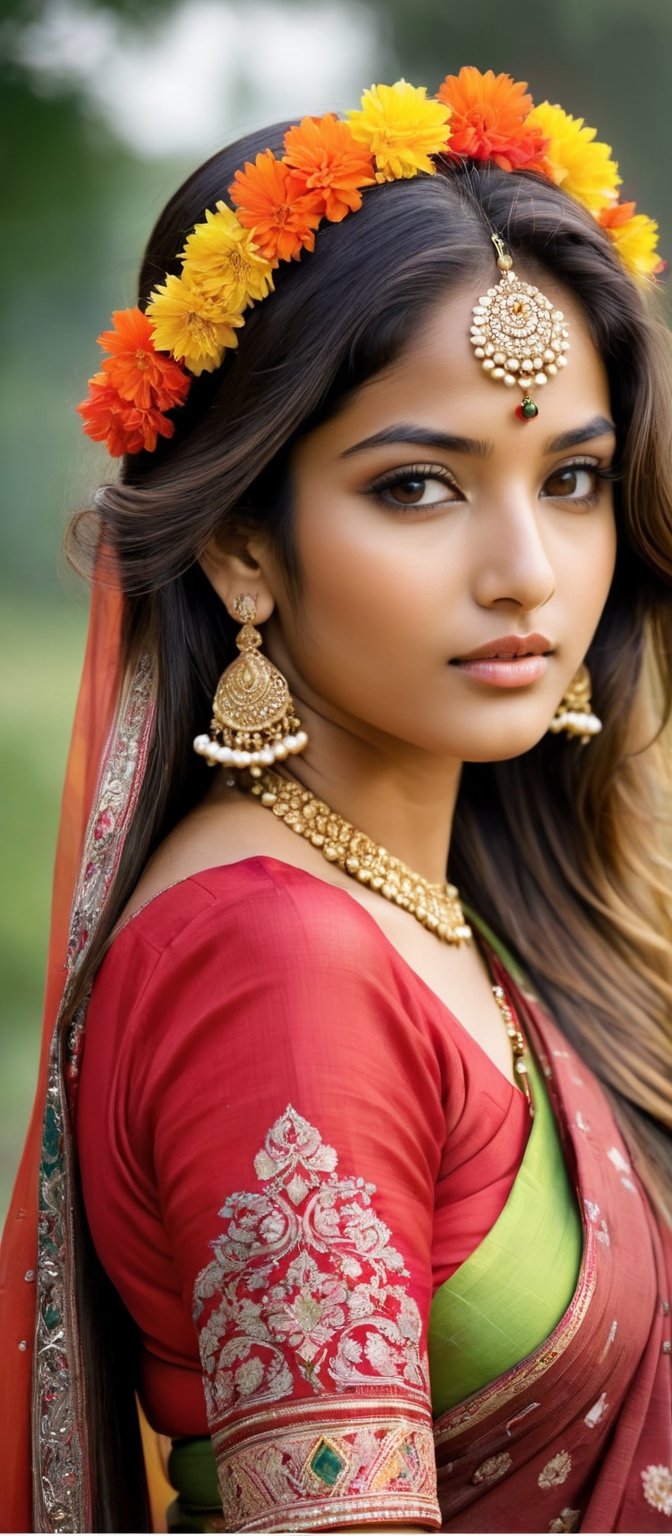 Generate hyper realistic image of young girl from the northeastern region of South Asia. She has a serene and gentle expression, with long, dark, flowing hair adorned with traditional floral accessories. Her skin is a warm, golden brown tone, and her eyes are large and expressive, reflecting a deep cultural heritage. She is dressed in traditional attire, such as a vibrant sari or a salwar kameez, decorated with intricate patterns and bright colors. The background features lush green landscapes, possibly with hints of traditional northeastern architecture or natural scenery like hills or rivers. The overall mood of the image is one of elegance, grace, and cultural pride.