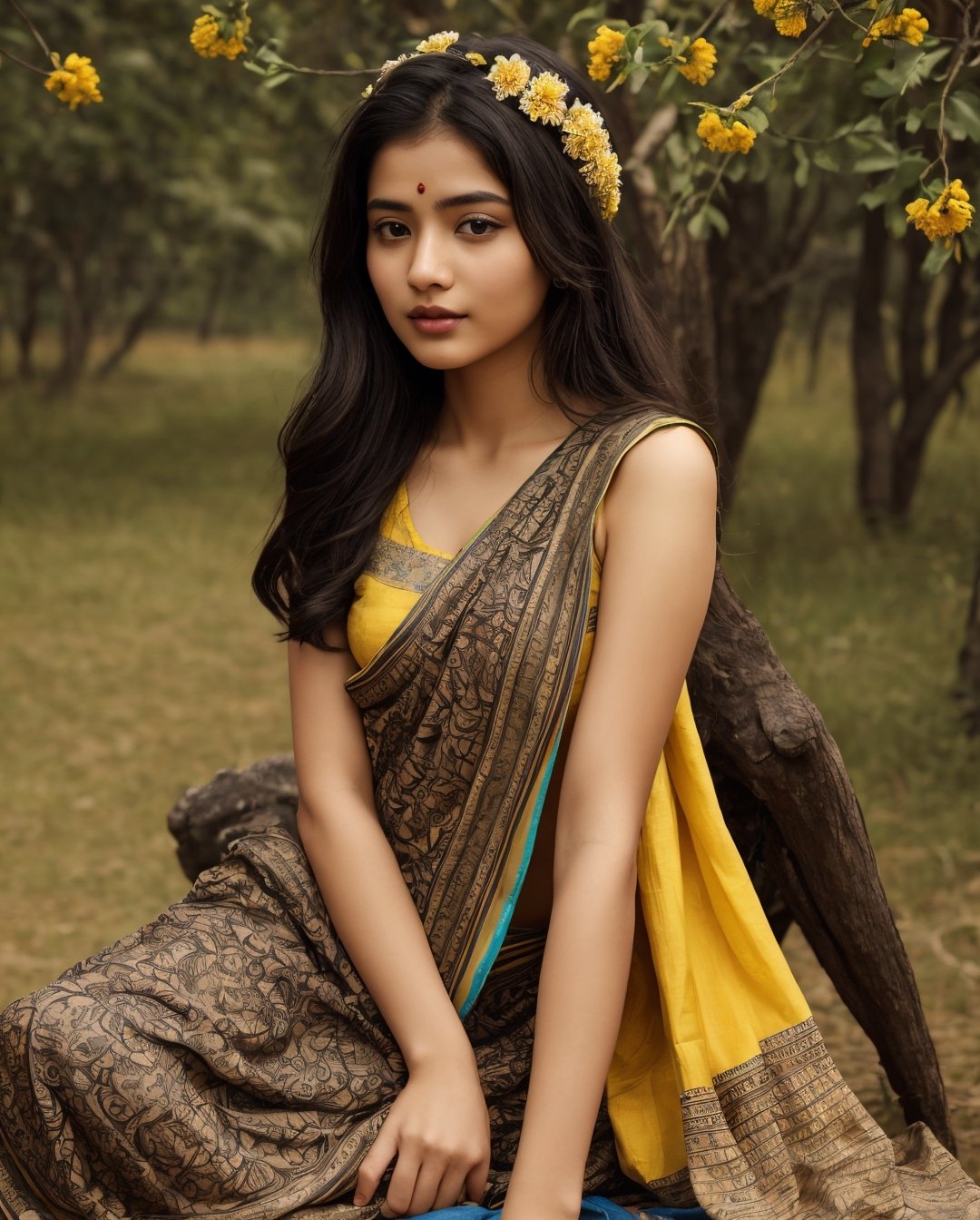  Generate hyper realistic image of young girl from the northeastern region of South Asia. She has a serene and gentle expression, with long, dark, flowing hair adorned with traditional floral accessories. Her skin is a warm, golden brown tone, and her eyes are large and expressive, reflecting a deep cultural heritage. She is dressed in traditional saree, such as a vibrant sari or a salwar kameez, decorated with intricate patterns and bright colors. The background features lush yellow landscapes, possibly with hints of traditional northeastern architecture or natural scenery like flowers or forest. The overall mood of the image is one of elegance, grace, and cultural pride., ,Enhance,1 girl