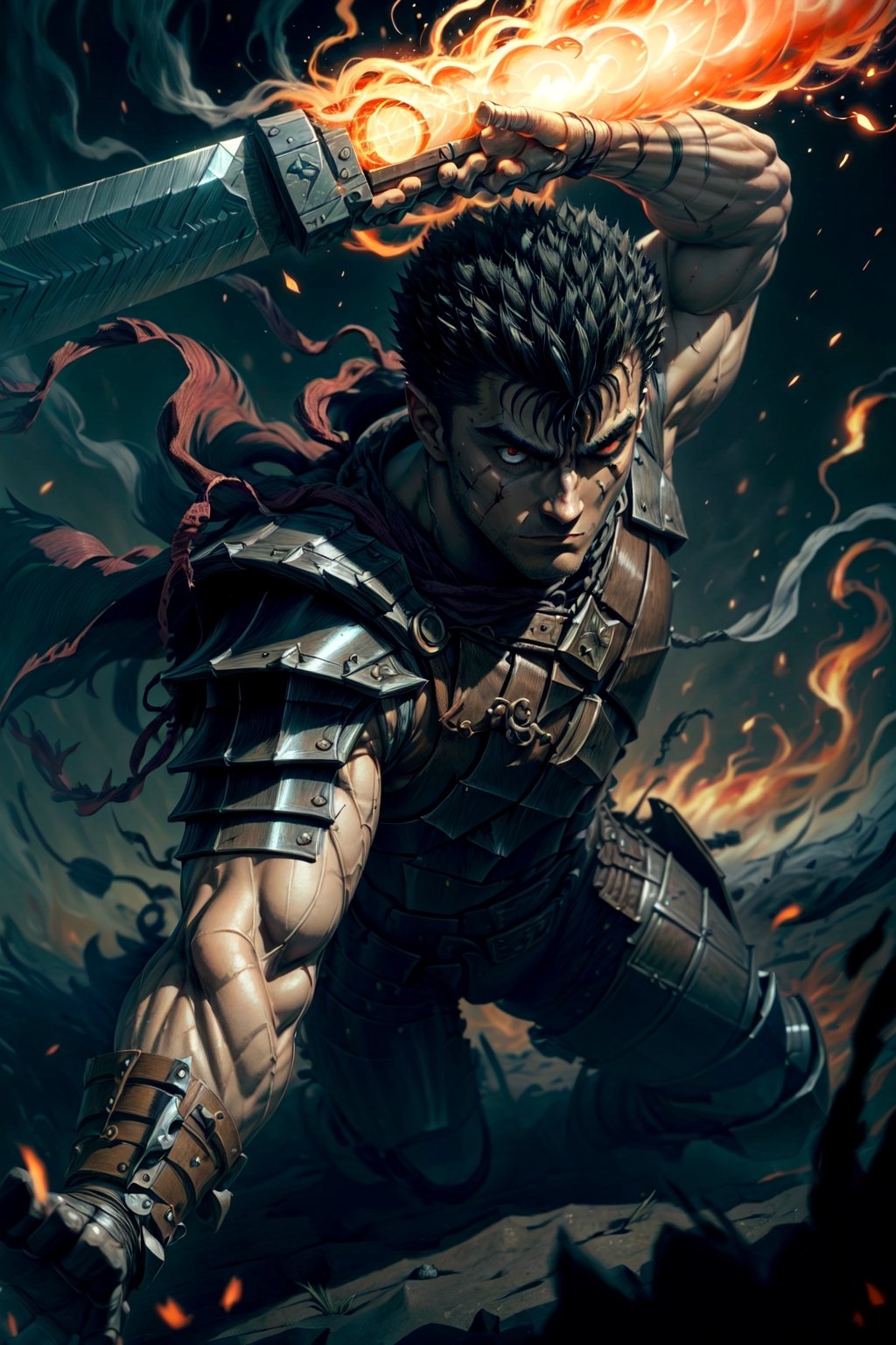 1boy, high detailed full body wide shot of guts \(berserk\) in his black Berserker Armor from the manga by Kentaro Miura, swinging a giant buster sword that is twice his size, left arm is armored and mechanical with a hidden weapon hi-tech, scar, scar on nose, weapon on back, cape (8k, ultra-best quality, masterpiece: 1.2), ultra-detailed, best shadow, detailed hand, hyper-realistic portraits, (detailed background), glowing right eye. Godhand red behelit. Set him against a background of an Eclipse Blood Moon in raging fire with black flames dancing in the backdrop, creating a hellish inferno-like atmosphere. ((Perfect face)), ((perfect hands)), ((perfect body)), one eye closed