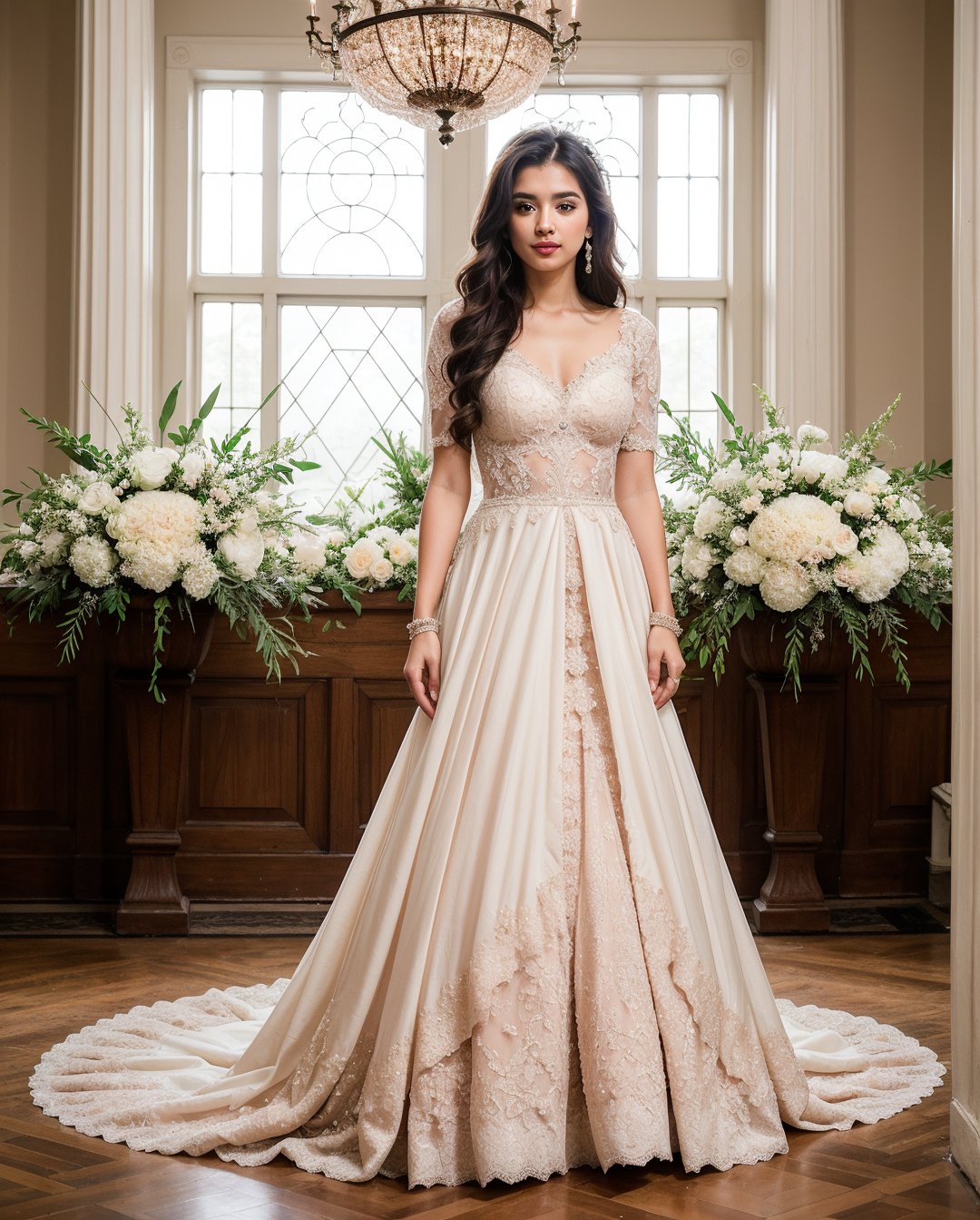 masterpiece,best quality,ultra detailed,northeastern_south_asian_girl, slim-fit_wedding_gown, exquisite_lace, silk_fabric, intricate_embroidery, delicate_beadwork, form-fitting, long_dark_wavy_hair, sparkling_hairpins, soft_wave_hairstyle, minimal_makeup, natural_beauty, subtle_blush, soft_pink_lipstick, ornate_wedding_venue, grand_floral_arrangements, elegant_decor, luxurious_ambiance, bridal_grace, timeless_charm