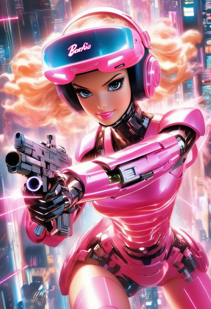 Anime artwork. Barbie doll wearing VR helmet and pink cyberpunk armor, shooting laser gun, art by Makoto Shinkai, art by J.C. Leyendecker, anime style, key visual, vibrant, studio anime