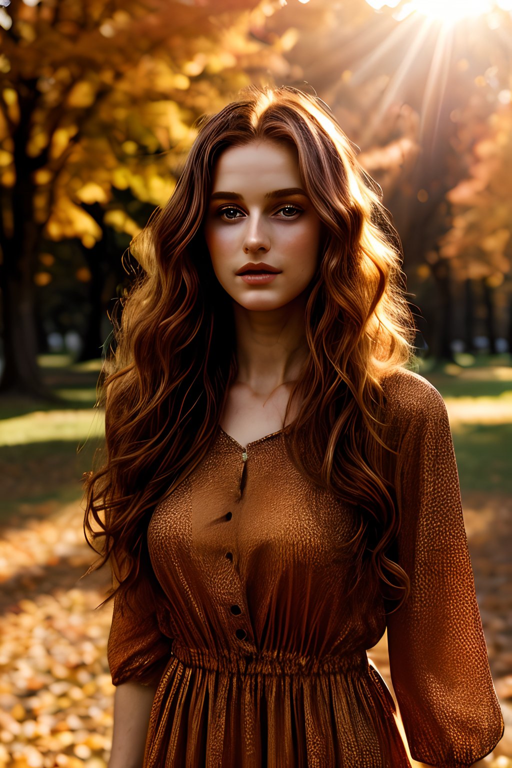 High fashion photography of  pretty shy 18y redhead girl, curly long hair, seventies orange dress, in a park during autumn, warm golden
hour lighting, radiant god rays