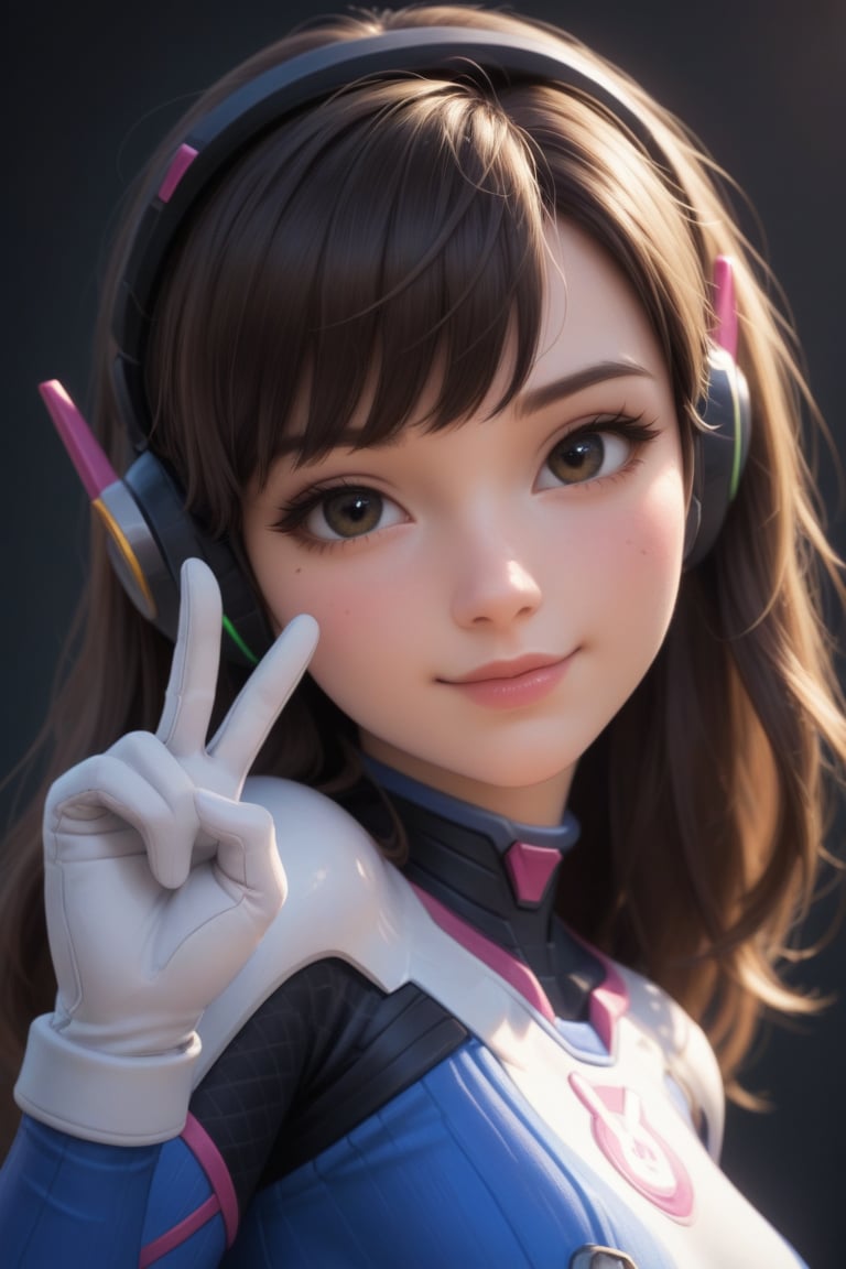 score_9, score_8_up, score_7_up, rating_safe, dark background
1 girl, solo, cute, (short:1.2), small body, (shortstack:1.1), d.va \(overwatch\), headshot portrait, side view, close-up, looking at viewer, bodysuit, (head tilt:1.2), white gloves, slight smile, headphones, dutch angle, v sign,disney pixar style