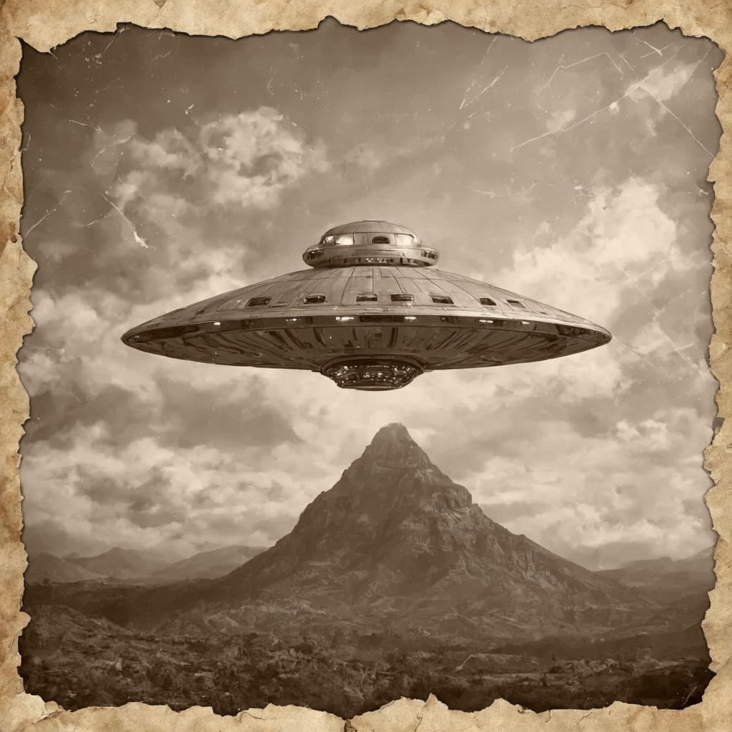 A visually stunning ultra photo in the style of great artists shows a mysterious triangular UFO hovering in the sky. The UFO is rendered with fine detail and an old-fashioned, otherworldly feel. The background is a dreamlike landscape in soft pastel colors, conveying a sense of wonder and curiosity. The overall atmosphere of the photo is whimsical and enchanting, conveying a sense of adventure and discovery.

Description of an old photo from the 80s:

cabcard, sepia, monochrome,bellissima,This nostalgic, sepia-toned photo from the 1980s depicts a mysterious scene: a triangular UFO hovering in the sky. The details of the UFO are elaborate and precise, giving the image a touch of otherworldly magic. The background is a dreamy landscape with a majestic mountain, all in monochrome tones that create an almost surreal mood. The image is heavily yellowed, the edges are worn and torn, and the surface is covered in scratches and stains. These imperfections give the image an authentic, aged look, as if it has seen a lot over the years. It exudes a sense of wonder and curiosity, inviting the viewer to explore the unknown. The atmosphere is enchanting and evokes the boundless imagination and joy of discovery of the time.