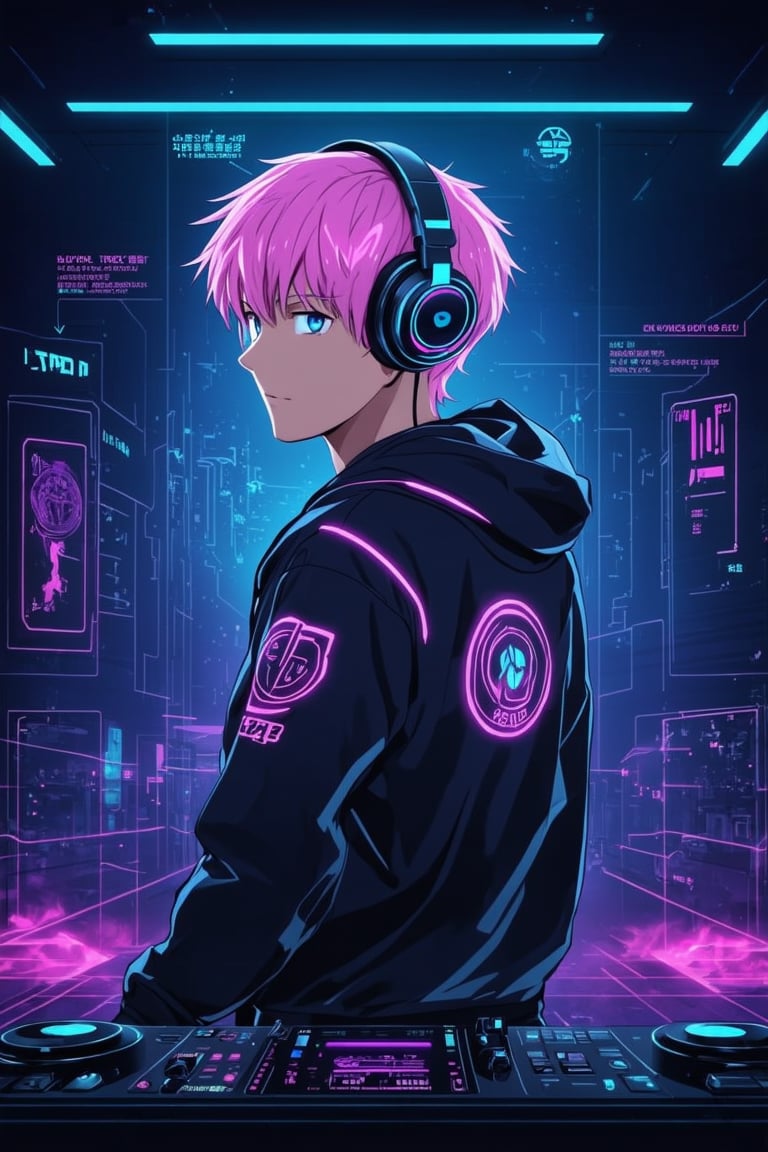  anime artwork sci-fi style cyberspace dj club, augmented reality street artist, wearing a holo-hoodie, from the sides and on the side, headphones, short neon undercut hair, bioluminescent, neon rim lighting, mad-cbrpnksplshrt, . futuristic, technological, alien worlds, space themes, advanced civilizations . anime style, key visual, vibrant, studio anime, highly detailed, diagram , dynamic,