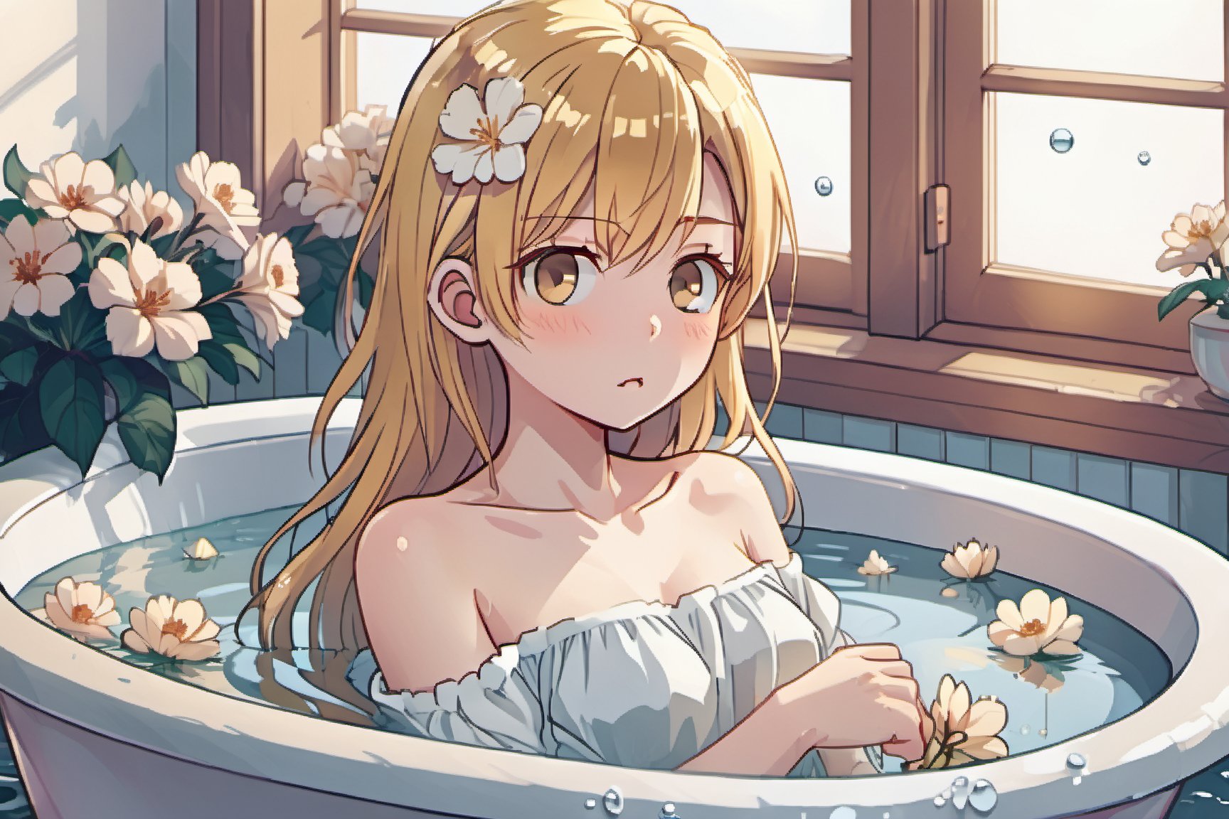 fsw,In the bathroom, a beautiful girl lies in a large bathtub filled with warm, misty water. Soft sunlight from the window illuminates her delicate features, making her golden hair shimmer like diamonds. Pastel-colored flowers adorn the walls, adding a touch of elegance to the space. Her serene expression reflects a sense of tranquility and contentment as she enjoys her private moment of relaxation, detailed skin, (masterpiece,best quality, ultra realistic,32k,RAW photo,detail skin, 8k uhd, dslr,high quality:1.5),Leonardo Style