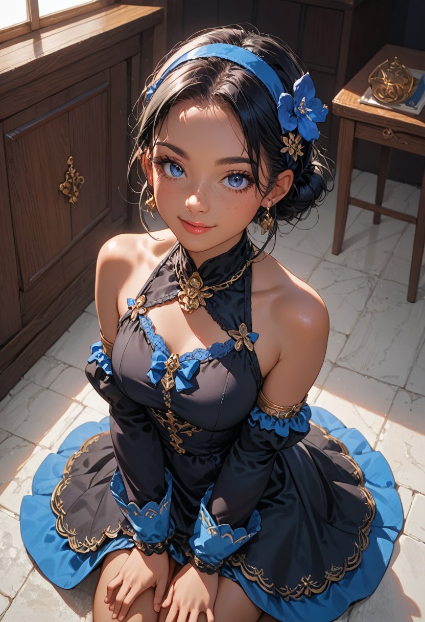 score_9, score_8_up, score_7_up, score_6_up, source_anime BREAK 1girl, solo    fallPhoebe, black hair, blue eyes, dark skin, hairband, hair flower, blue flower, black dress, bow, detached sleeves, kneeling, smile, looking at you, from above, indoors