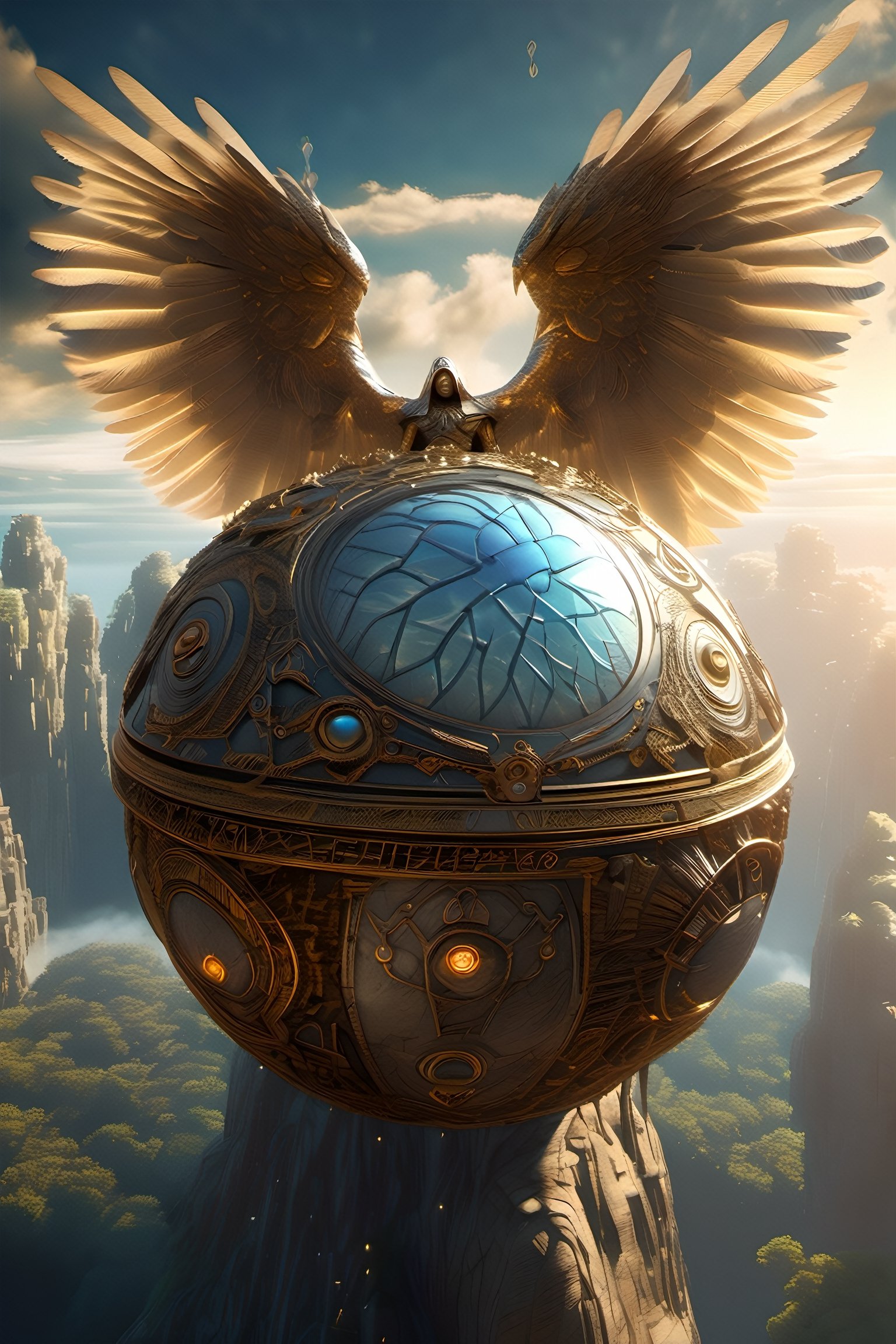 A flying weirdly shaped rock surrounded wings, big wings in the foreground, celestial, angelic divine ball, eyes texture, too many eyes, too many wings in it, covered in eyes, heaven, dramatic light, epic scene, barroque. Masterpiece, highly detailed, well made, trending on artstation.