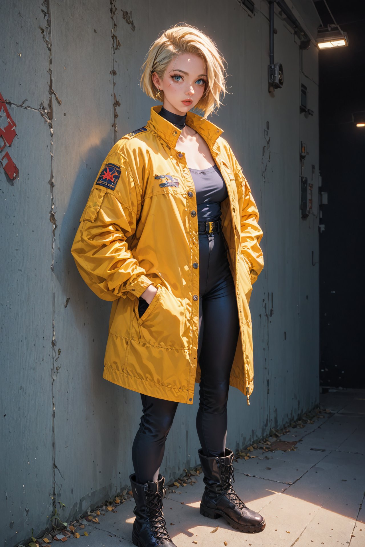 score_9, score_8_up, score_7_up, score_6_up, masterpiece, best quality, absurdres, digital art,   akaneh, short hair, blue eyes, blonde hair,
a woman in a yellow jacket and black pants standing in front of a yellow light with her hands on her hips and her leg crossed, wearing a pair of black boots and a pair of metal earrings, cyberpunk style, cyberpunk art, retrofuturism