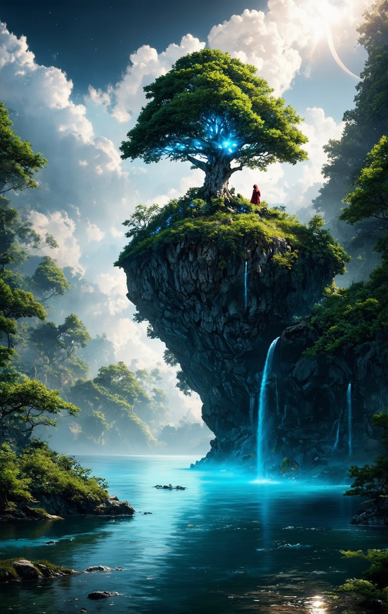 a majestic floating island with a colossal tree at its center, waterfalls cascading down into a mirror-like water surface, lush green foliage, detailed tree bark with glowing blue veins, serene sky with fluffy white clouds, distant planets visible in the sky, intricate vegetation, depth of field, volumetric lighting, high dynamic range, sense of wonder and tranquility, extremely detailed background with layers of clouds, reflections in the water, glowing aura around the tree, magical and enchanting atmosphere, small red-robed figure on the island, peaceful and awe-inspiring scene