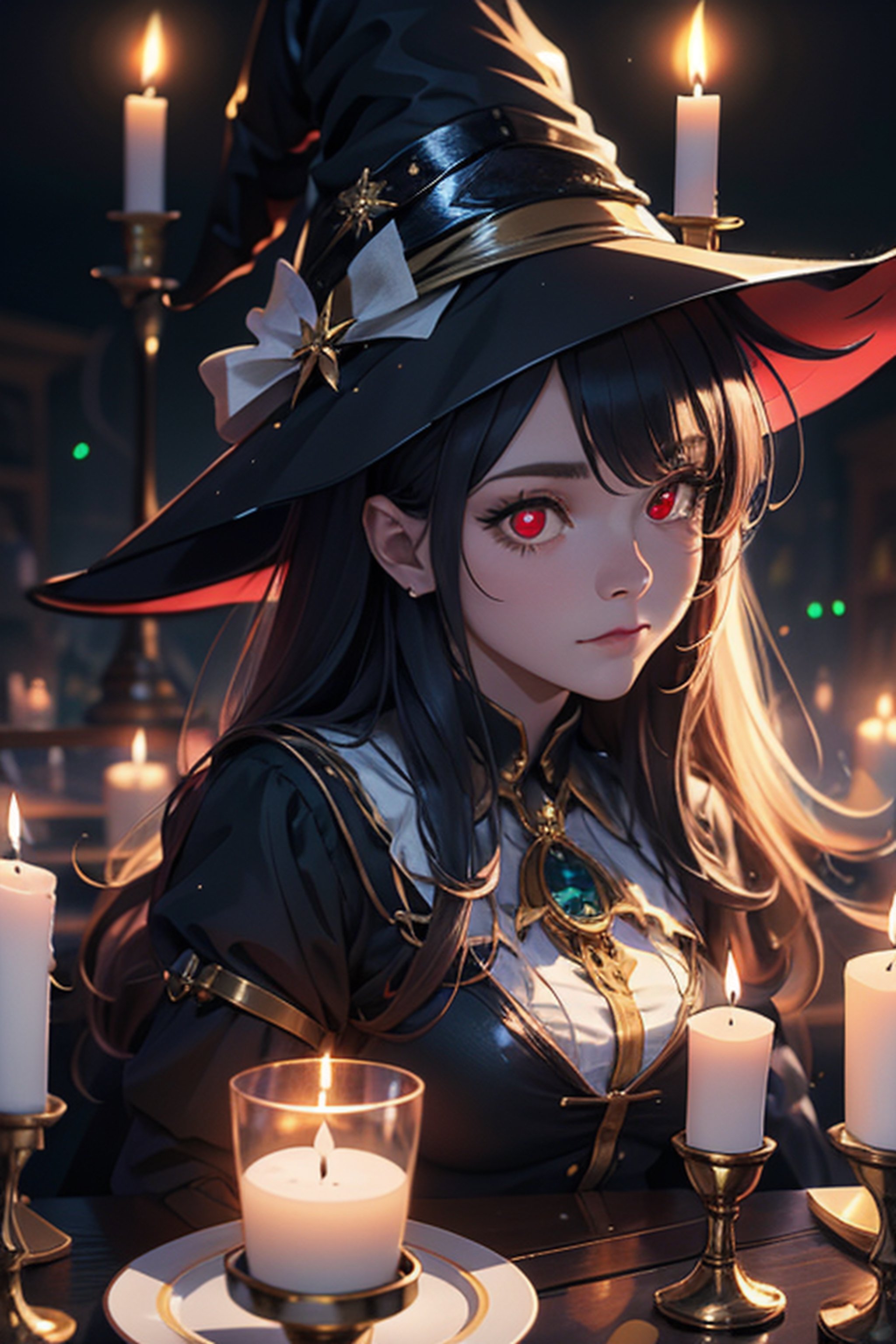 (8K,  high_resolution, realistic), woman wearing a witch hat , candlelight, perfect face,,glitter, red eye, magic, 