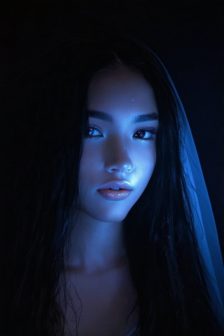 A captivating portrait of a girl with luminous skin and rich black hair against a dramatic dark backdrop in a dimly lit room. Her tresses envelop her expressive eyes, gleaming like stars in the soft, rim-lit glow. The setting is intimate and enigmatic, as if caught on a sultry night indoors, where secrets are shared under the veil of darkness.