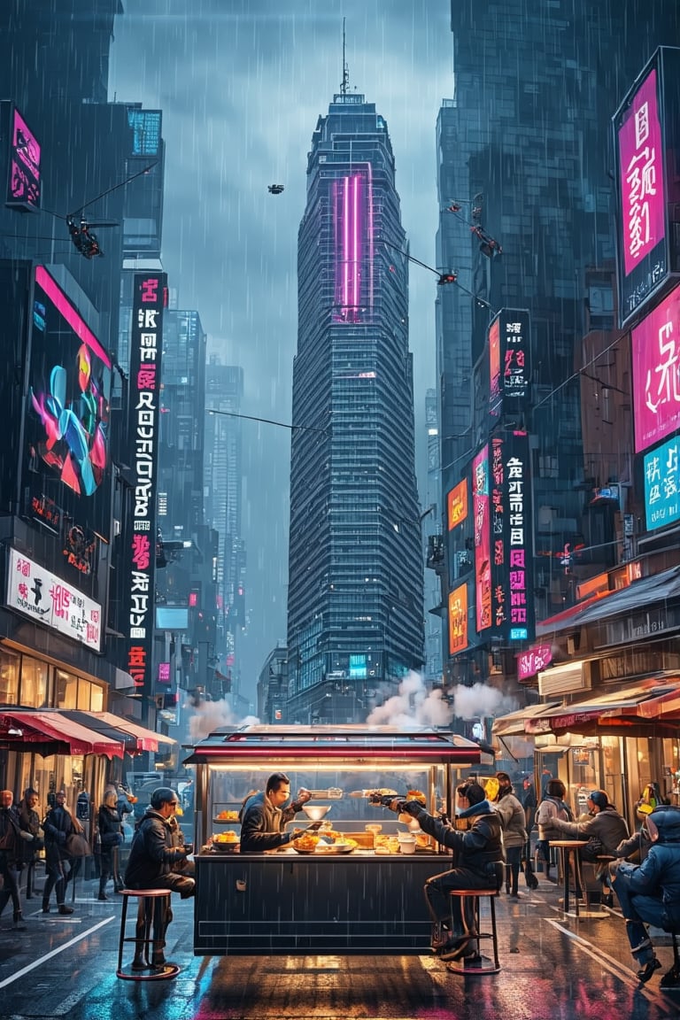 A towering skyscraper dominates the center of a neon-lit cyberpunk metropolis, its surface a tapestry of holographic advertisements and pulsing light strips. Flying cars weave between buildings, leaving trails of light in their wake. At street level, a diverse crowd of humans and androids navigate crowded sidewalks lined with food stalls emitting steam and exotic aromas. Overhead, massive digital billboards cast a multicolored glow on the rain-slicked streets below. In the foreground, a street vendor with cybernetic arms operates a ramen stand, serving bowls to customers seated on hover-stools.