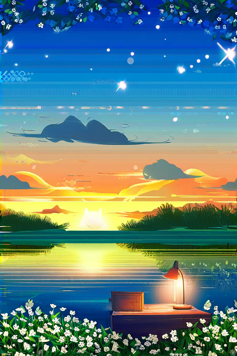 detailed background,( Calm spring night landscape), amongst lush greenery, beautiful view, creeping phlox in full bloom, creeping phlox, early morning, sunrise sky, beautiful clouds, dappled sunlight, outdoor seating, one lamp, Tranquil Lake, Boat on a Lake, depth of field, masterpiece, best quality, ultra-detailed, very aesthetic, illustration, perfect composition, intricate details, absurdres, moody lighting, wisps of light, no humans,