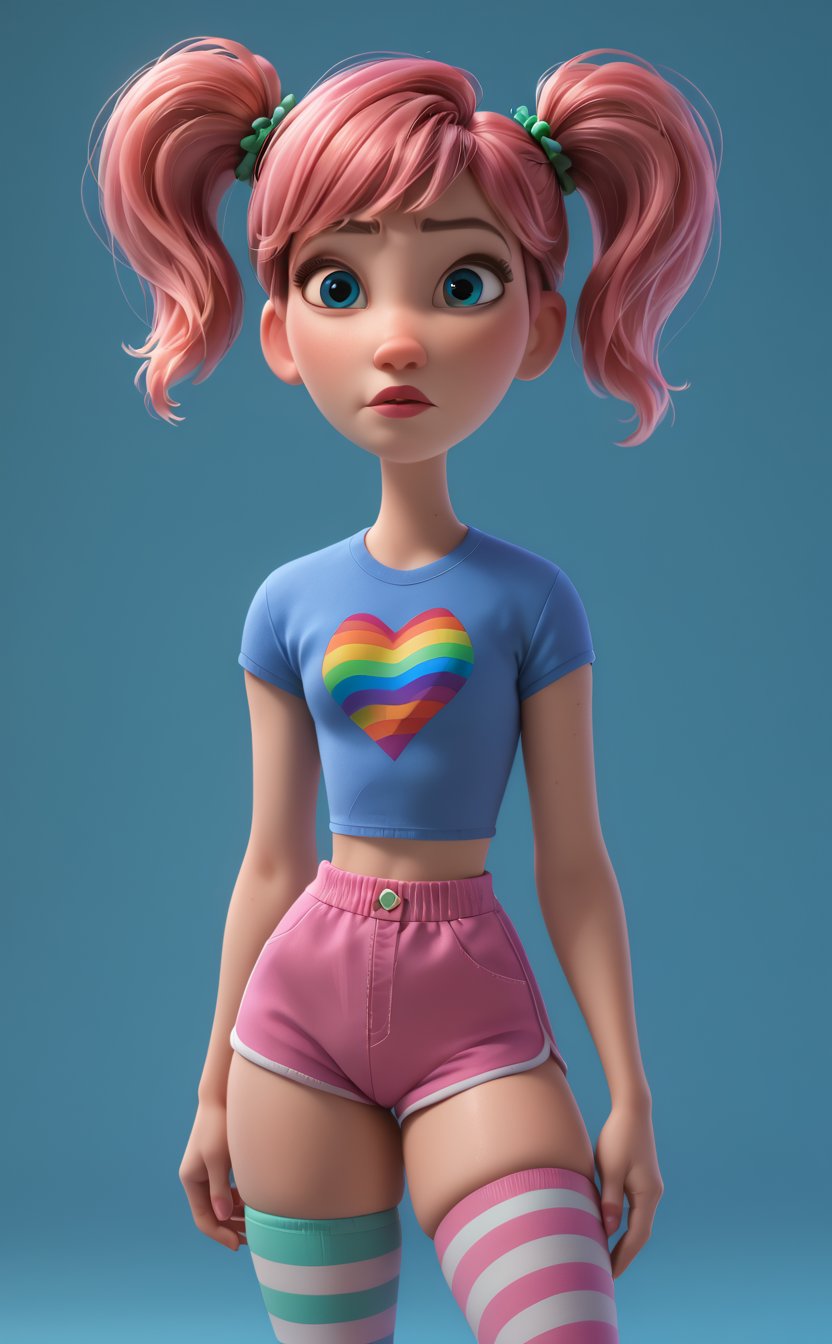 Minimalism, core_9, score_8_up, score_7_up, 1girl, pink hair, twintails, striped thighhighs, skindentation,, abstract, simple geometic shapes, hard edges, sleek contours, Minimalism, disney pixar style