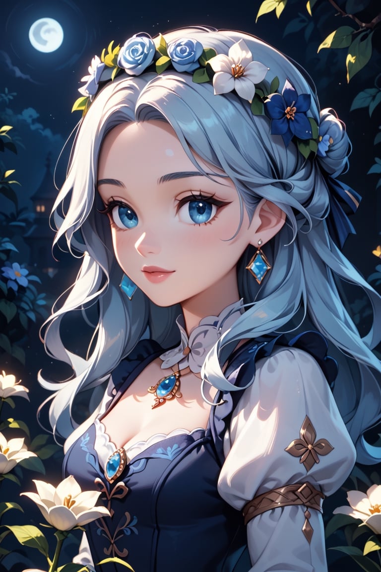 score_9, score_8_up, score_7_up, score_6_up, score_5_up, score_4_up, 1girl, flower crown, beautiful icy blue eyes, moonlight gardens, dark shadows, glowing in the dark,  bright colors, high contrast, dark background, vivid lighting, night garden