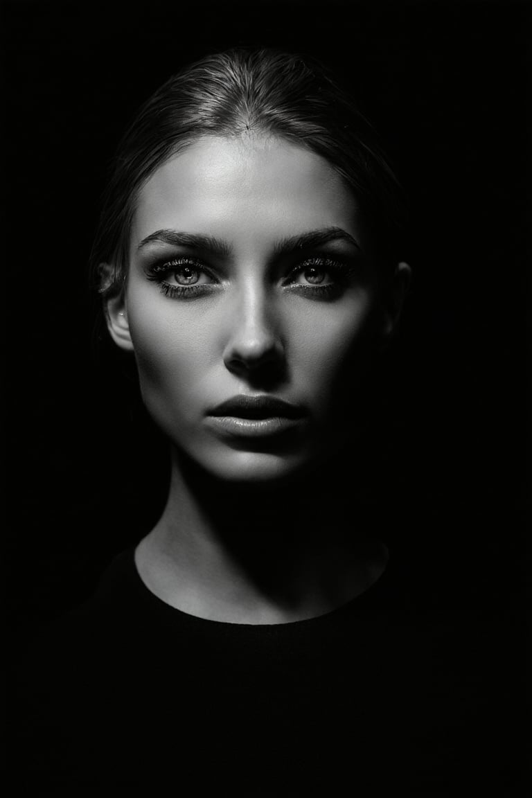 A masterwork in studio lighting: Noomi Rapace's striking features are bathed in complex harsh illumination, reminiscent of Studio Harcourt style B&W photography. Strong analog aesthetic with noticeable grain. Elegant portrait shot captures the beauty of a 25-year-old woman against a dark indoor setting. The incredibly shallow depth of field (1.4) renders her eyelashes razor-sharp, while the rest of her face is softly defocused, drawing attention to her piercing gaze.