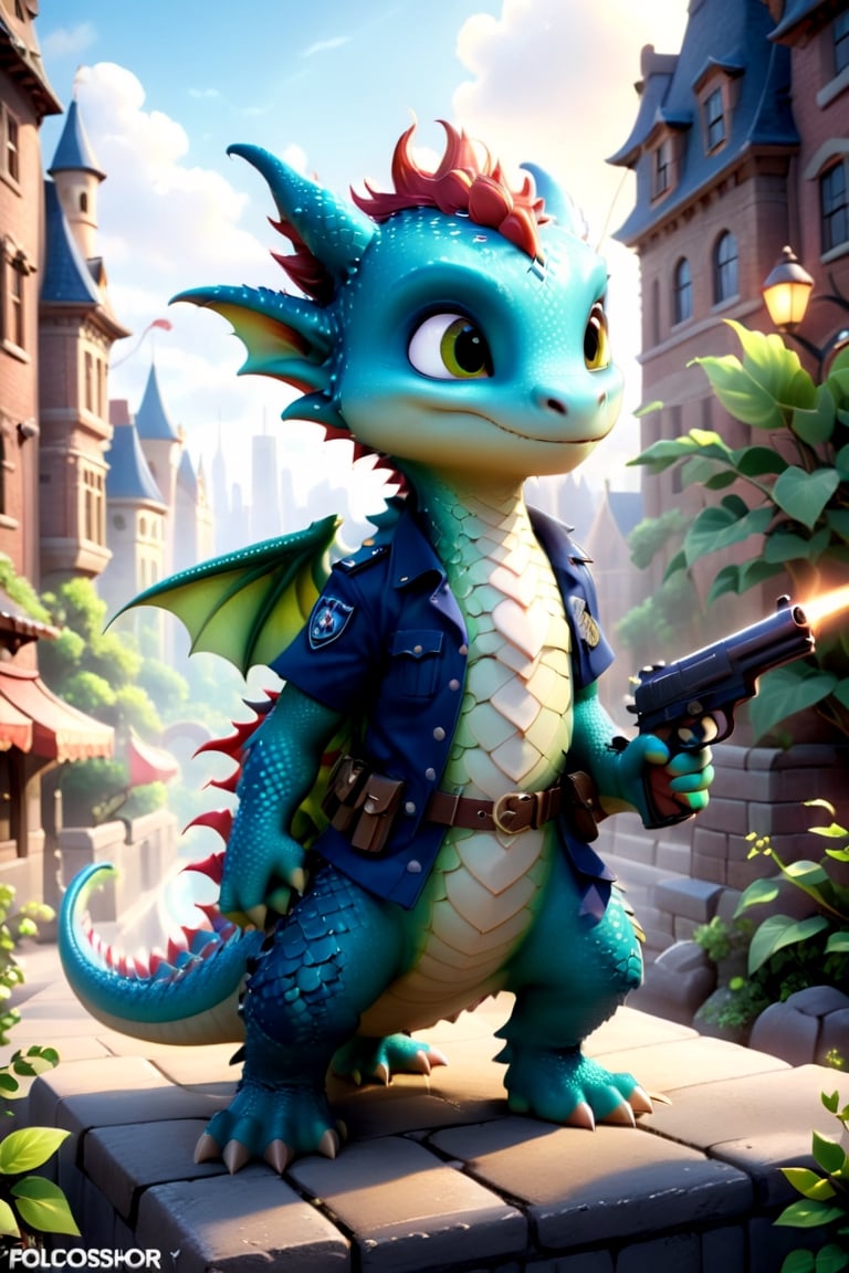 Cartoon: a cute dragon boy,wearing policeman uniform,holding a gun,city backdrop,cinematic lighting,rule of thirds,depth of perspective,trending on artstation,(fullbody sideshot:1.3),dragon_h,art_booster, real_booster,Disney pixar style,Dragon,disney pixar style