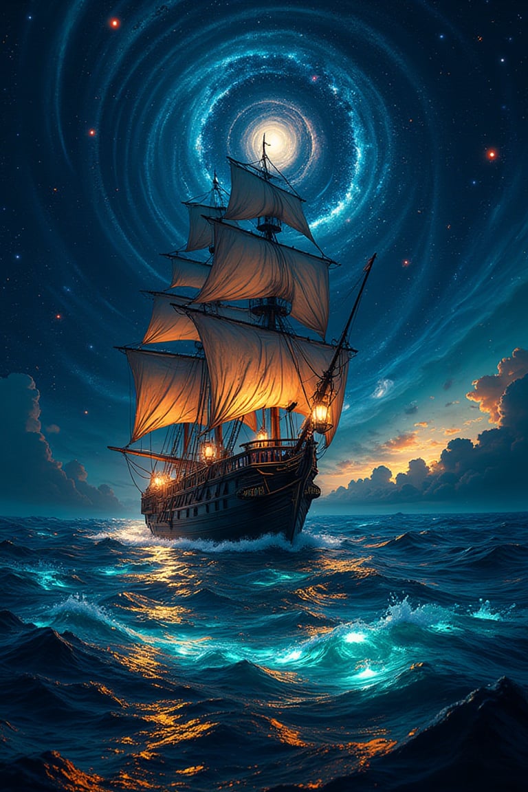 Captain's triumphant return: A majestic pirate ship, adorned with billowing sails and lanterns aglow, majestically glides into a bioluminescent sea illuminated by a swirling galaxy above. Fireflies dance across the waves, as if welcoming the vessel home. Framed by the starry night sky, this XL 4K ultra-high definition action shot captures the drama of the moment.,noc-futuristic