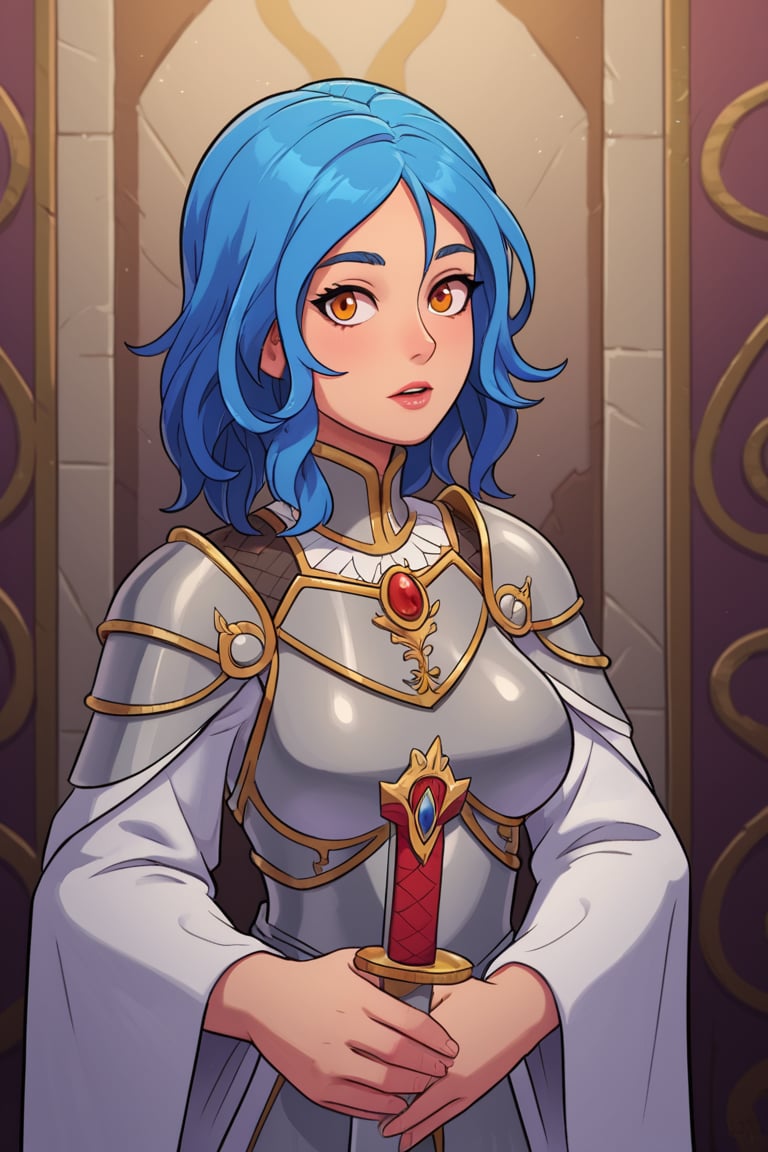 Highly detailed,high quality, beautiful,Masterpiece,(whole body)1girl,solo, orange eyes, mascara, blue hair, medium hair, loose hair,serene, big silver armor) Castle, detailed background, holding_sword, lost look