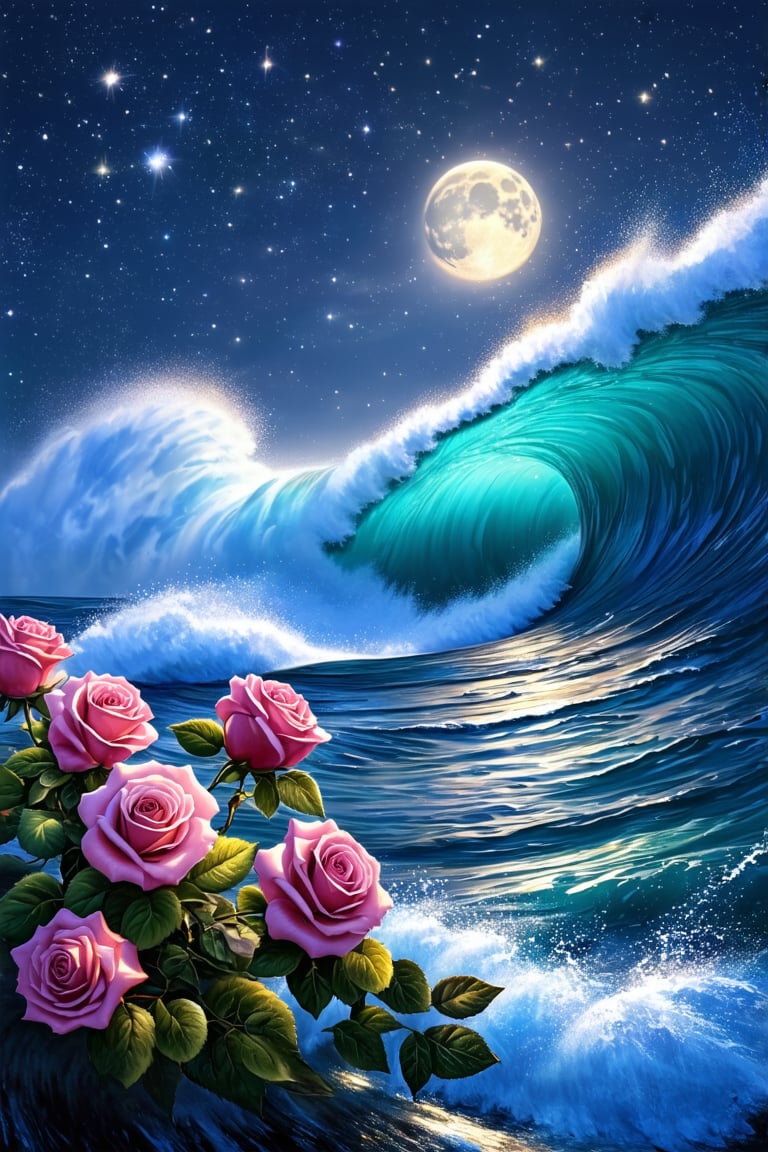 Zeen Chin Hyperrealistic style A beautiful painting of starry sky,layer upon layer of huge waves,deep blue water,pink roses of different sizes,romantic,dreamlike,moonlight,Thomas Kinkade,ultradetailed,illustration,4k,trends on Artstation,above+super wide angle,Greg Rutkowski,trends on Artstation