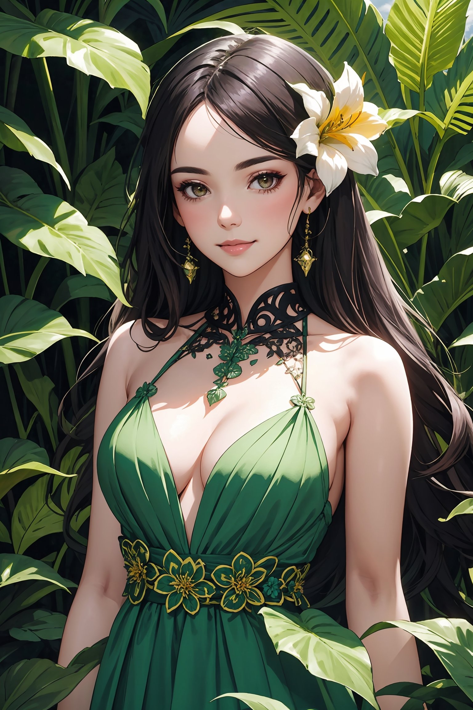 beautiful photo of a woman wearing sexyqun001 and qun001, at detailed summer tropical flower forest, subtropical flowers and plants, intricate, elegant, highly detailed, 8k, post-processing, digital painting, trending on pinterest, harper's bazaar, concept art, sharp focus, illustration, soft smile, 