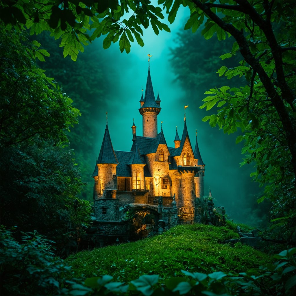 A mystical, cinematic still captures the ethereal unfolding of Translucent Organelle, Parouflaged Prime NeuralNano, amidst a lush, miniature castle's emerald foliage. Colorful petals dance in the soft, golden light, as if infused with an otherworldly essence. A harmonious vignette unfolds, bathed in moody, cinematic glory, shot on 35mm Kodak film, with sharp focus and high-budget grandeur.