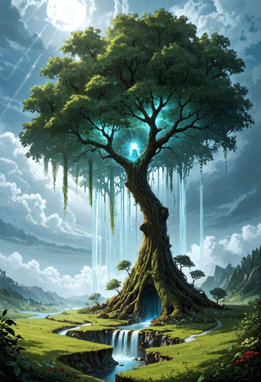 score_9, score_8_up, score_7_up, BREAK
, a majestic floating island with a colossal tree at its center, waterfalls cascading down into a mirror-like water surface, lush green foliage, detailed tree bark with glowing blue veins, serene sky with fluffy white clouds, distant planets visible in the sky, intricate vegetation,  depth of field, volumetric lighting, high dynamic range, sense of wonder and tranquility, extremely detailed background with layers of clouds, reflections in the water, glowing aura around the tree, magical and enchanting atmosphere, small red-robed figure on the island, peaceful and awe-inspiring scene