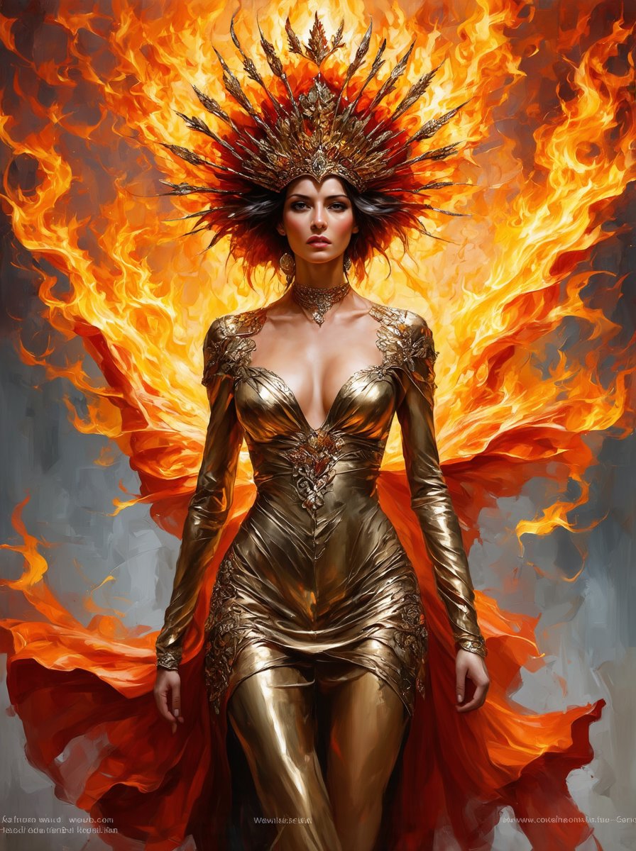 Create an oil painting in the style of Karol Bak, featuring a regal woman with an air of elegance and mystery. She should be adorned in intricate, flowing attire with a blend of metallic and organic textures. Her attire and headdress should incorporate elements of fire, giving the impression of flames and energy radiating around her. The color palette should be dominated by vibrant oranges, yellows, and reds, with rich contrasts and dynamic brushstrokes to evoke a sense of movement and intensity. The woman's expression should be confident and captivating, and the overall composition should be surreal and fantastical, with attention to fine details and a dramatic atmosphere,ek_art_b00ster