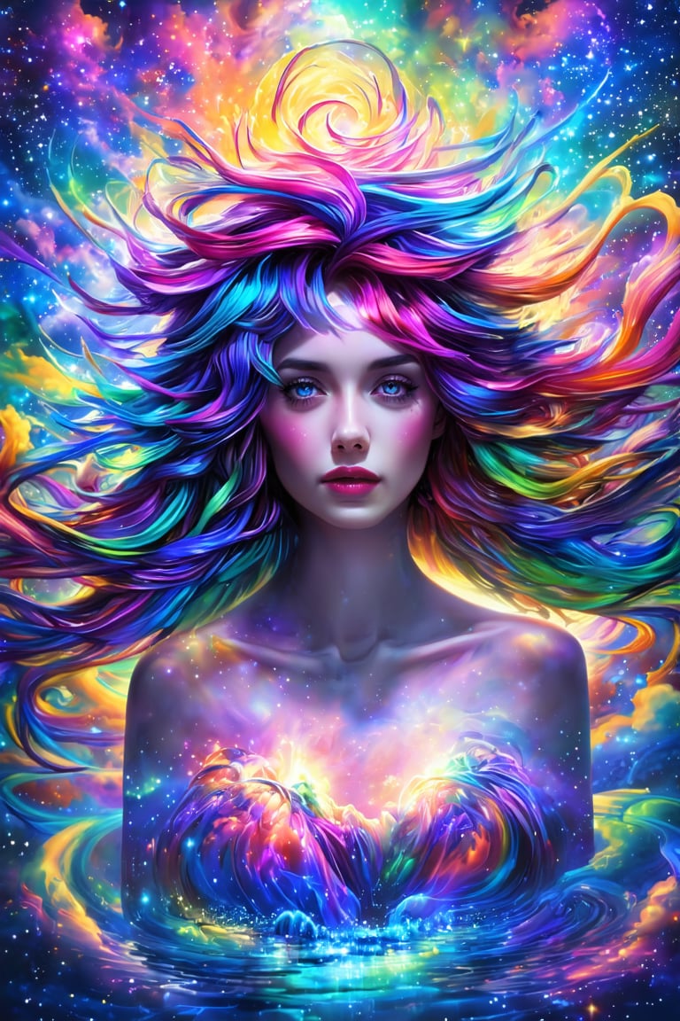 In a dreamlike scenario, a woman with luscious, multicolored locks flows like a river of color around her ethereal face. Her tranquil gaze radiates serenity as she stands amidst a kaleidoscope background, where swirling wisps of clouds, gleaming stars, and shimmering galaxies harmonize in a vibrant tapestry. Delicate, intricate textures dance across the scene, while dynamic lighting casts an otherworldly glow, inviting the viewer to step into this whimsical realm, where reality and fantasy blend in a cartoonish masterpiece.