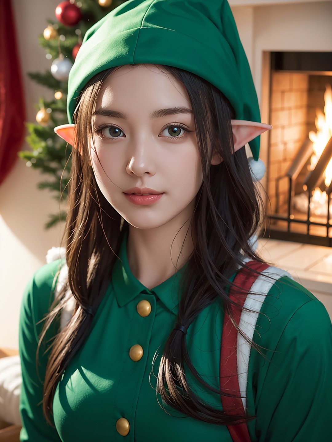 photo r3al, masterpiece, best quality, cartoon, 8k, ultra detailed, santa's elf, young female, smirking, green santa's elf outfit, fireplace, (((closeup))), portrait, 