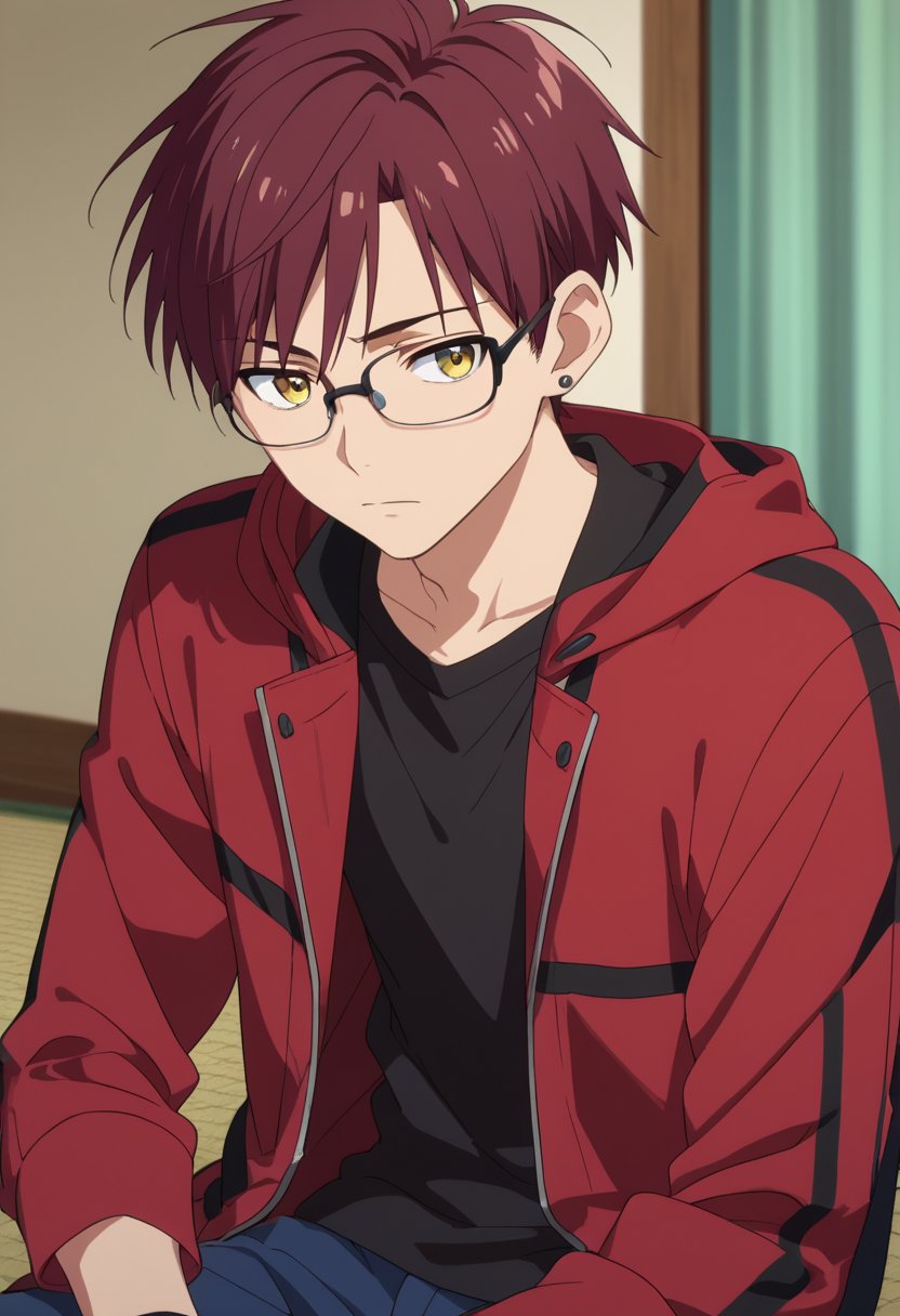 score_9, score_8_up, score_7_up, source_anime, rating_safe, KojiroSNS, dark grey Kojiro glasses, grey Kojiro earring, reddish pink Kojiro hair, brown-yellow Kojiro eyes, 1boy, male focus, anime screencap,score_anime