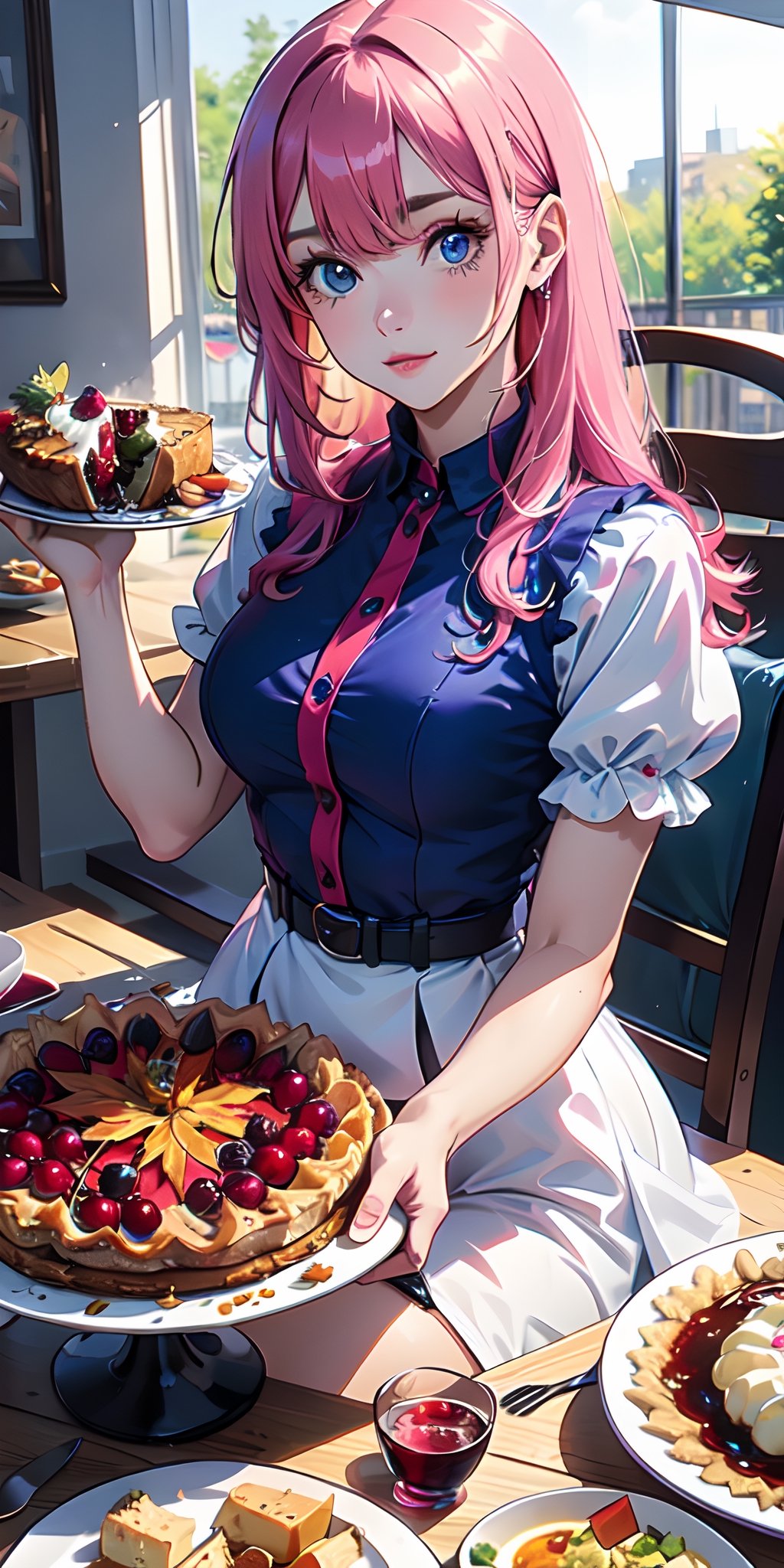 1girl, Thanksgiving Day, beautiful girl, sitting, holding a roast turkey, surrounded by potatoes, vegetables, cranberry sauce, gravy, and pie, looking at the viewer, pink hair, blue eyes, white dress, upper body
,glitter,girl