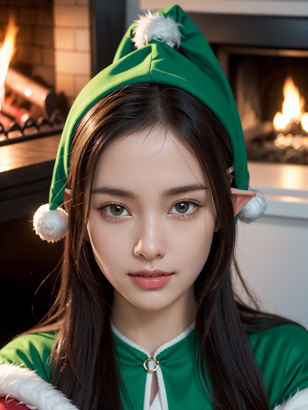 photo r3al, masterpiece, best quality, cartoon, 8k, ultra detailed, santa's elf, young female, smirking, green santa's elf outfit, fireplace, (((closeup))), portrait, 