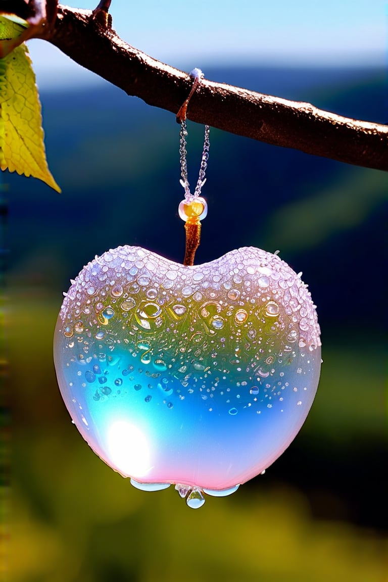 a delicate apple made of opal hung on branch  in the early morning light, adorned with glistening dewdrops. in the background beautiful valleys, divine iridescent glowing, opalescent textures, volumetric light, ethereal, sparkling, light inside body, bioluminescence, studio photo, highly detailed, sharp focus