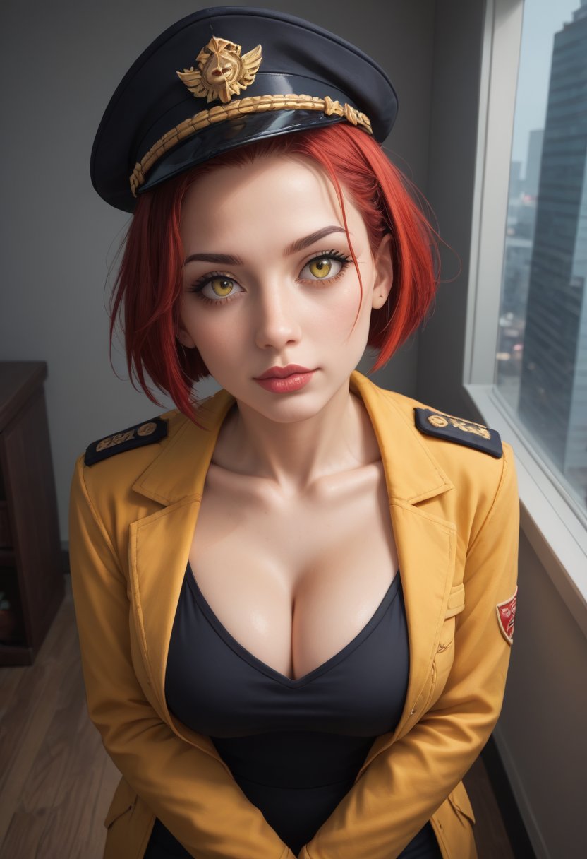 score_9, score_8_up, score_7_up, masterpiece, best quality, absurdres, very aesthetic, ((she judging you silently)), 1girl, solo, milf, looking at viewer, red hair, short hair, bob haircut, hime_cut, round face, yellow eyes, large breasts, standing, emotionless expression, [red lips:0.4], cleavage, yellow jacket, long jacket, black shirt, pantyhose, black pencil skirt with side slit, ((military_uniform, military hat)), 8k UHD, arms_crossed, niji6, ((male POV)), head tilted right, ((close up to you, from above)), BREAK, masterpiece, best quality, window, office room, night, cyberpunk city, neon light, computers, indoors