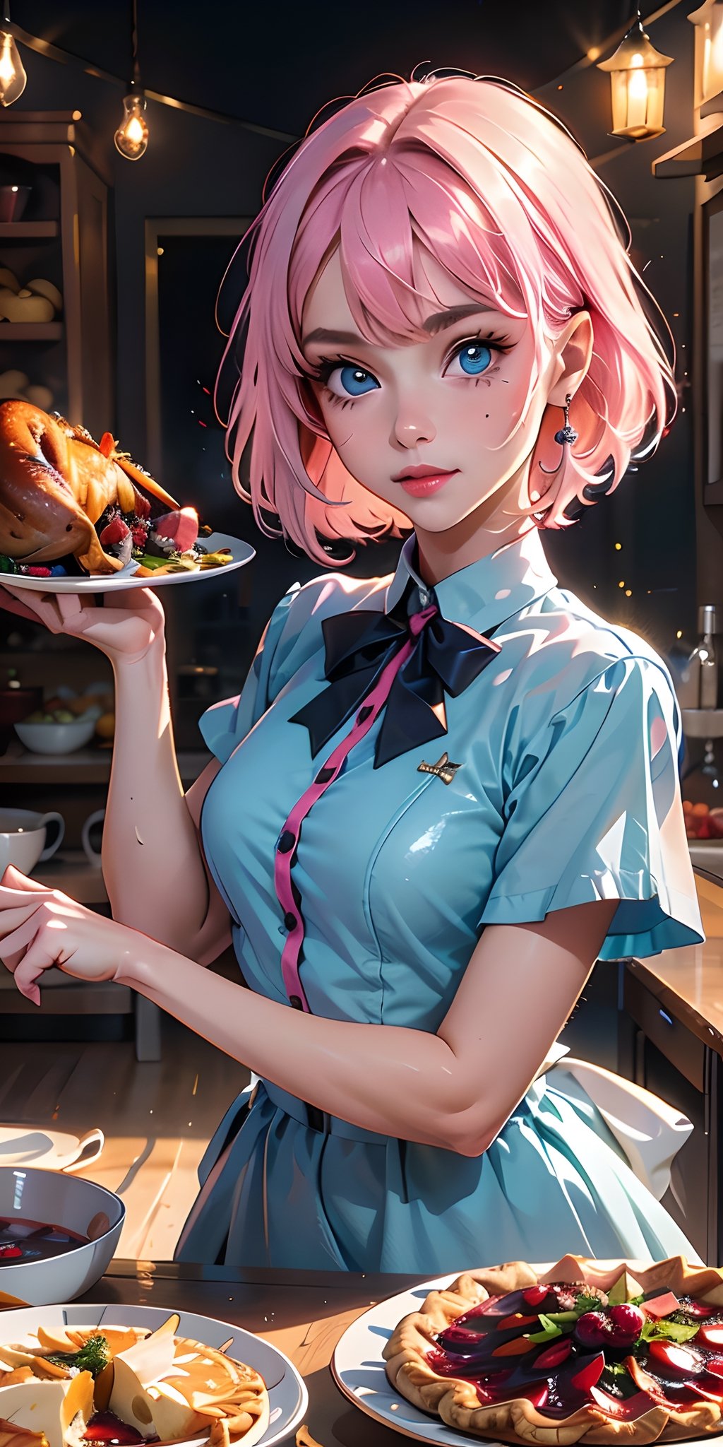1girl, Thanksgiving Day, beautiful girl, sitting, holding a roast turkey, surrounded by potatoes, vegetables, cranberry sauce, gravy, and pie, looking at the viewer, pink hair, blue eyes, white dress, upper body
,glitter