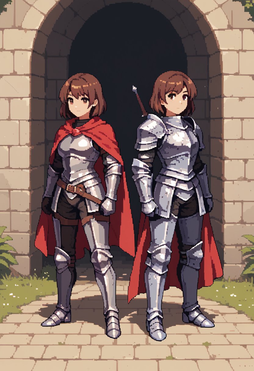 score_9, score_8_up, score_7_up, 1girl, knight, short hair, brown hair, plate armor, red cape, two swords, standing, confident, fantasy, detailed,