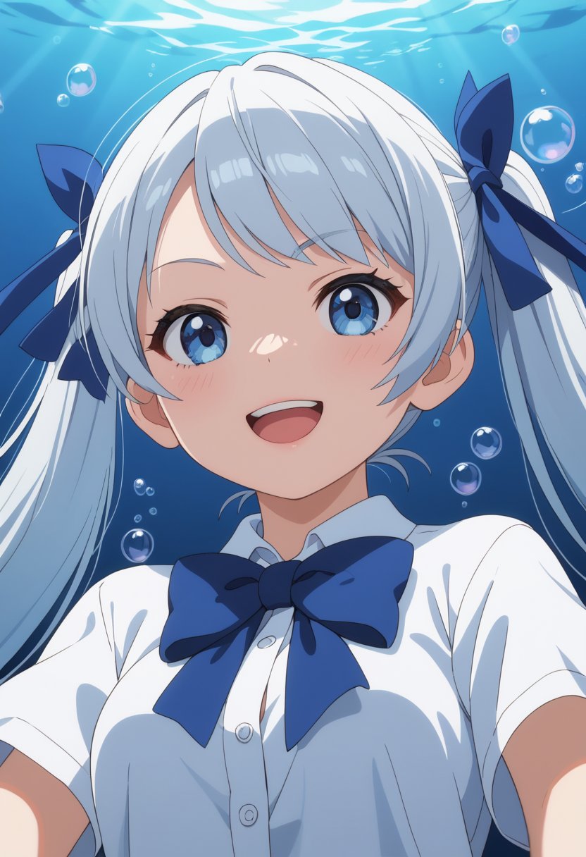 high detail, Smooth, sharp lines, score_9_up, score_8_up, detailed, masterpiece, super cute style, 1girl, solo, silver hair, white hair, long twintails, (flirty, smug, eyebrow_raise), open mouth, close up, face, white shirt, button up shirt, blue bowtie, pretty lips, medium breasts, underwater, blue eyes, blue hair ribbon, short sleeves, bubbles, bedroom_eyes, swept_bangs, low-angle view,anime screencap,score_anime