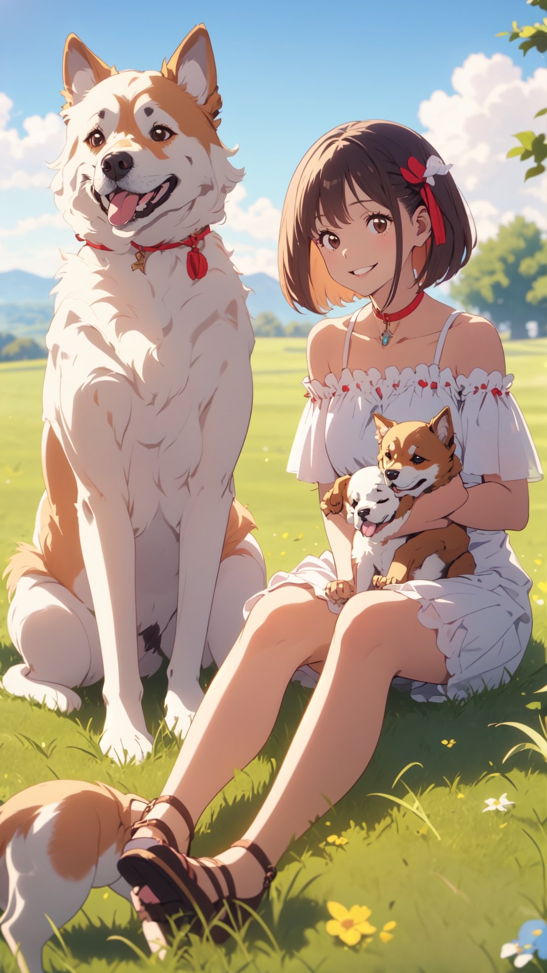 Under the blue sky, the young girl gracefully sat down on the lush grass, and the puppy faithfully nestled beside her. Her gaze toward the dog was filled with affection, a tender expression that spoke volumes of her love for the furry companion.smile,The wind is blowing