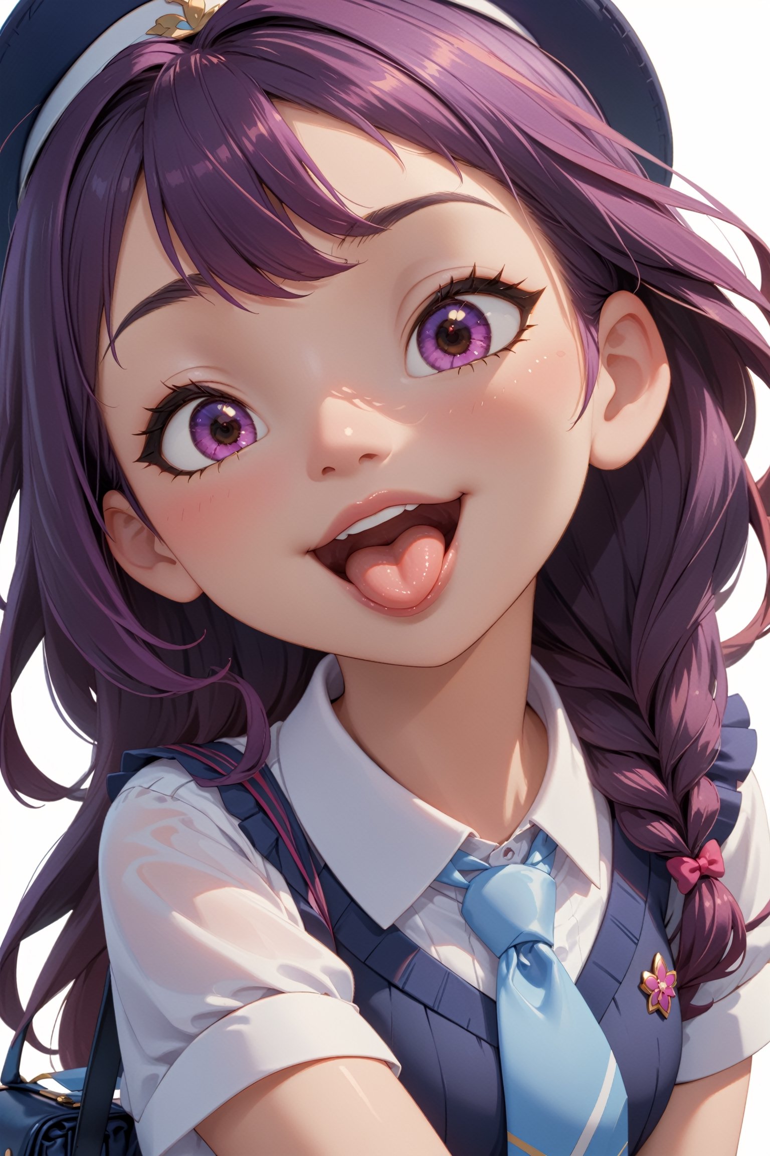 score_9,  score_8_up, uncensored, super cute style, 1girl, Close up of an anime schoolgirl with purple hair and a white hat, sticking out her tongue and licking her lips in anticipation, mouth wide open, pretty