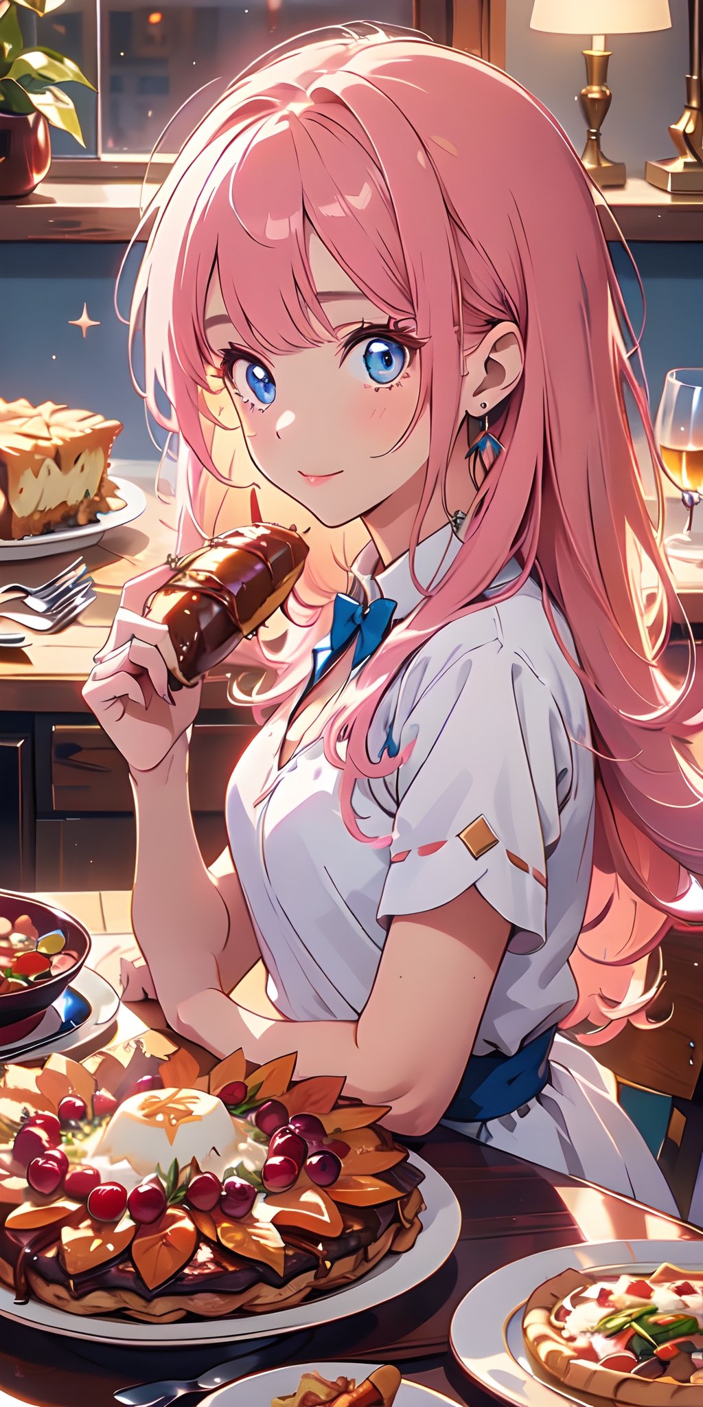 1girl, Thanksgiving Day, beautiful girl, sitting, holding a roast turkey, surrounded by potatoes, vegetables, cranberry sauce, gravy, and pie, looking at the viewer, pink hair, blue eyes, white dress, upper body
,glitter