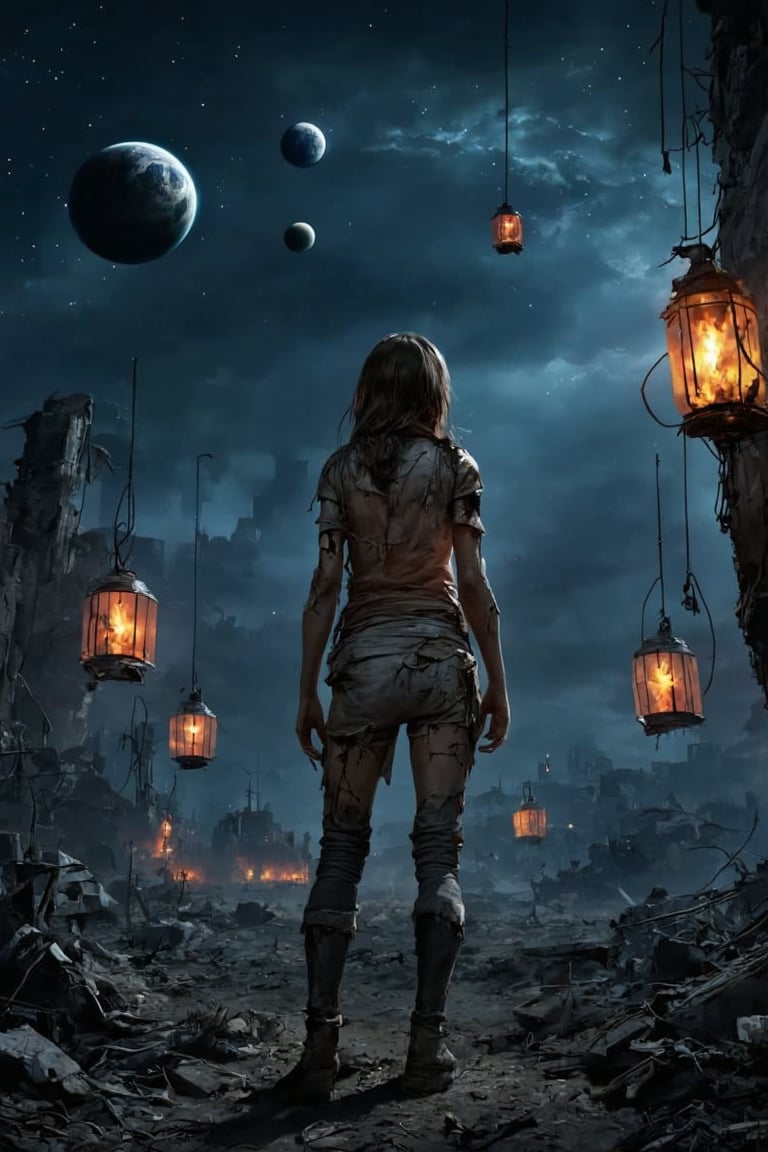 In a ravaged post-apocalyptic landscape, a lone girl stands defiantly amidst the ruins of a once-thriving city. Her tattered clothing and weathered skin bespeak her status as a resilient survivor in this unforgiving world. Amidst the desolate backdrop, she gazes up at the night sky, where planets hang like lanterns in the darkness. Her eyes burn with a savage intensity, a testament to her unyielding spirit. In this gritty, futuristic environment, she's a beacon of hope, her very existence a provocative rebuke to the devastation that surrounds her.